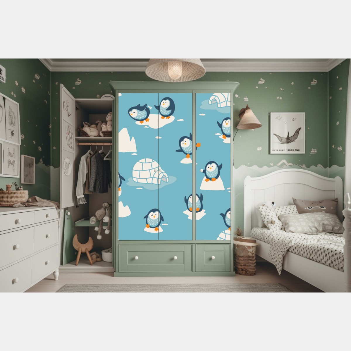 Naklejka na szafę zabawny wzór z pingwinami do pokoju dziecięcego – Wallissimo® Naklejka na szafę zabawny wzór z pingwinami do pokoju dziecięcego – Wallissimo®