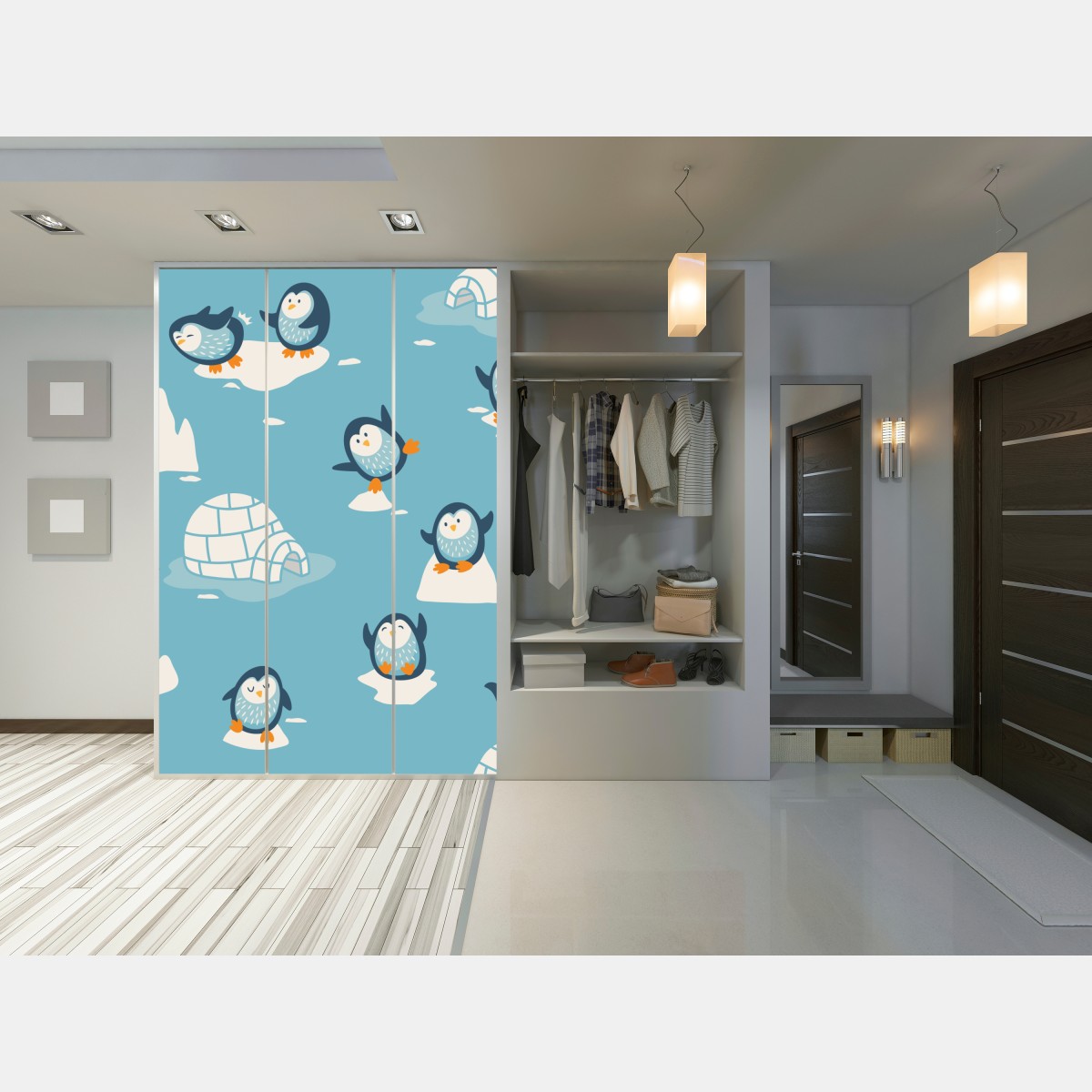 Naklejka na szafę zabawny wzór z pingwinami do pokoju dziecięcego – Wallissimo® Naklejka na szafę zabawny wzór z pingwinami do pokoju dziecięcego – Wallissimo®