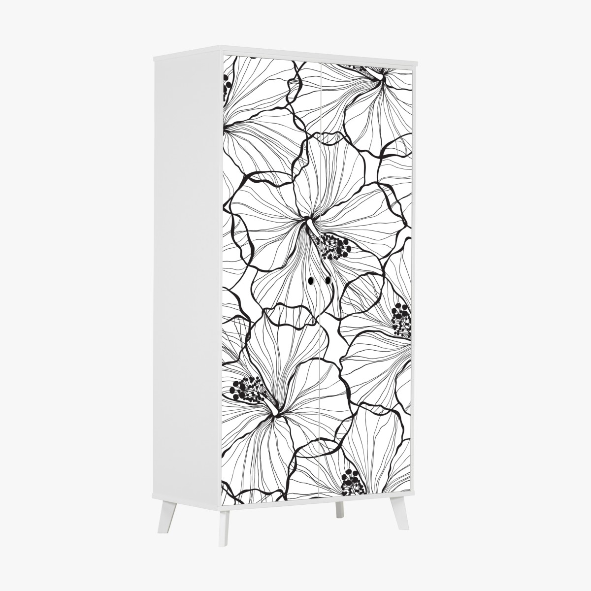 Wardrobe sticker black and white hibiscus line art pattern