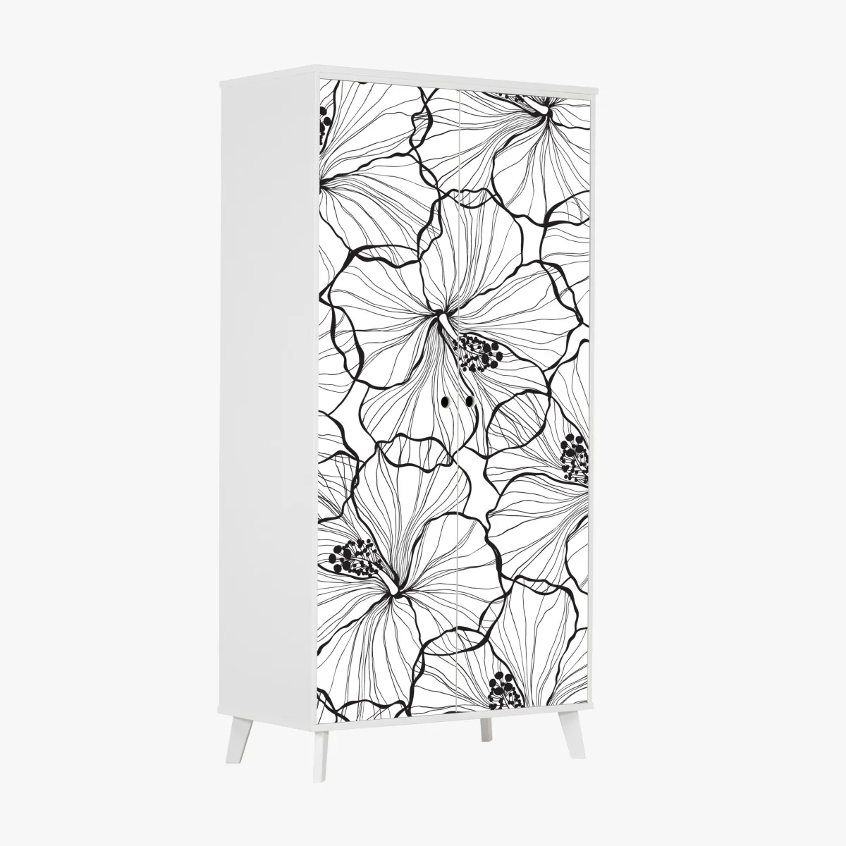 Naklejka na szafę czarno-biały hibiskus w stylu line art – Wallissimo® Naklejka na szafę czarno-biały hibiskus w stylu line art – Wallissimo®