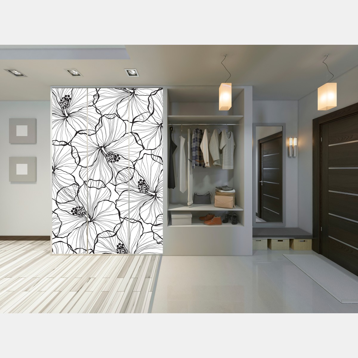 Naklejka na szafę czarno-biały hibiskus w stylu line art – Wallissimo® Naklejka na szafę czarno-biały hibiskus w stylu line art – Wallissimo®