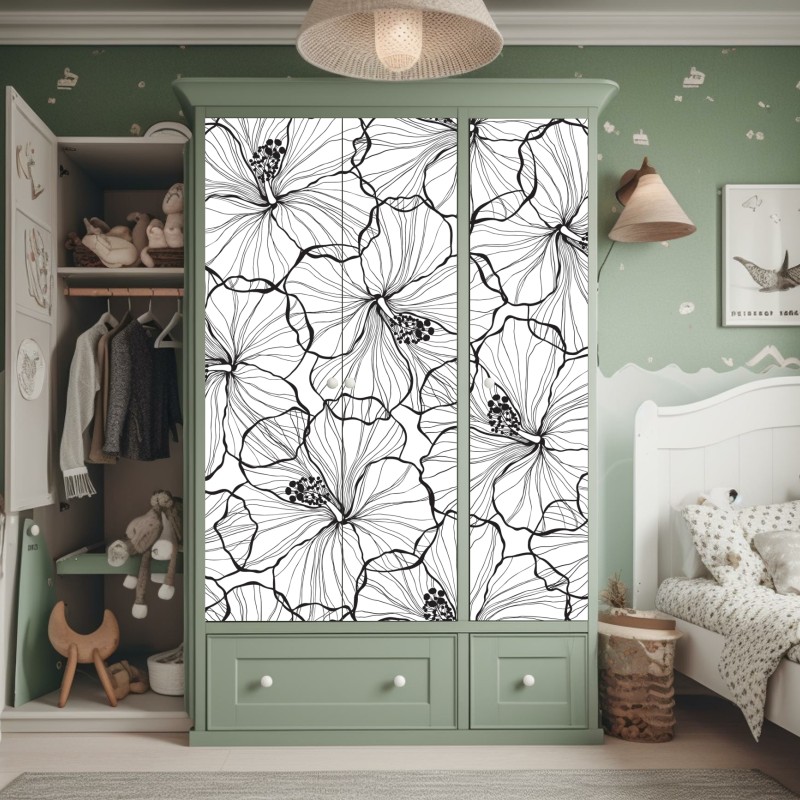 Naklejka na szafę czarno-biały hibiskus w stylu line art – Wallissimo® Naklejka na szafę czarno-biały hibiskus w stylu line art – Wallissimo®