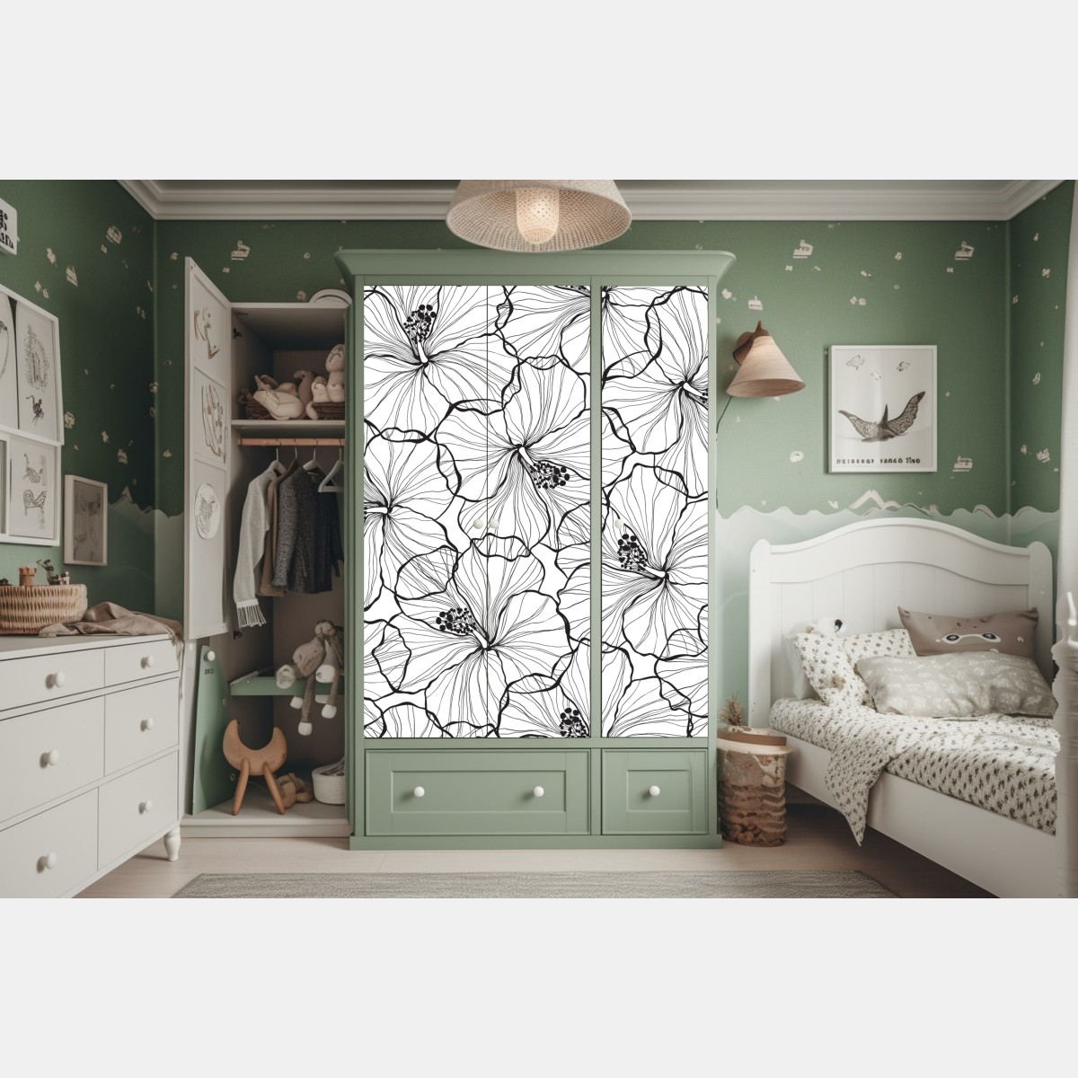 Naklejka na szafę czarno-biały hibiskus w stylu line art – Wallissimo® Naklejka na szafę czarno-biały hibiskus w stylu line art – Wallissimo®