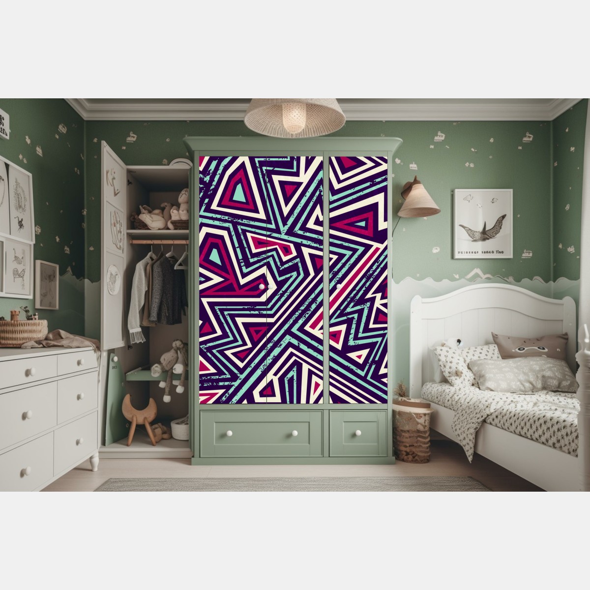 Naklejka na szafę odważny geometryczny wzór z trójkątami – Wallissimo® Naklejka na szafę odważny geometryczny wzór z trójkątami – Wallissimo®