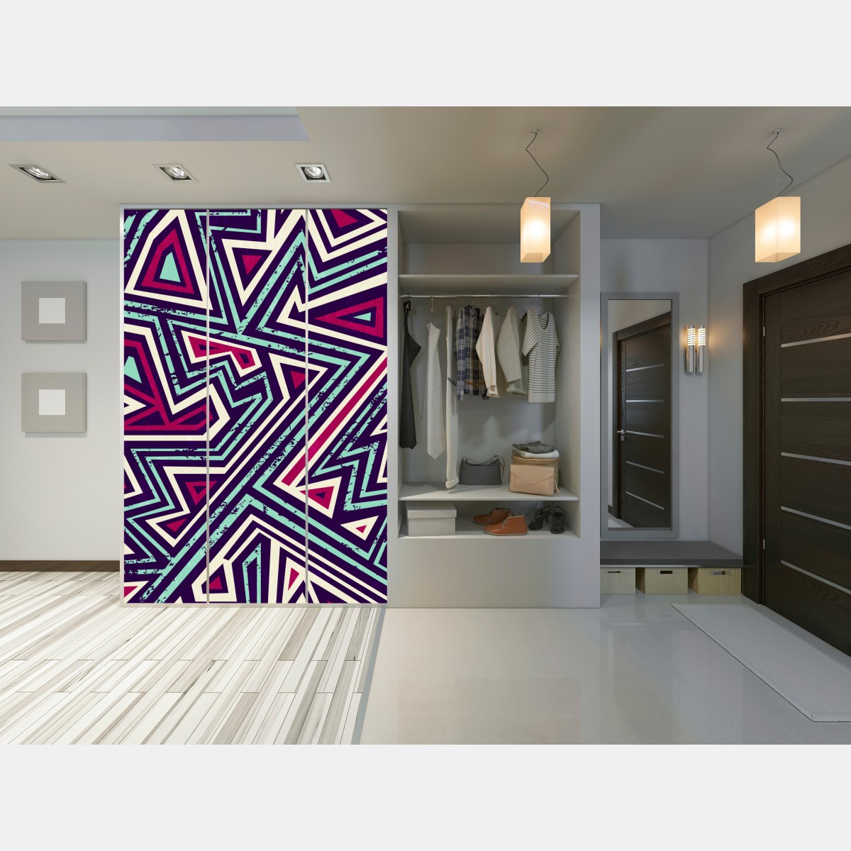 Naklejka na szafę odważny geometryczny wzór z trójkątami – Wallissimo® Naklejka na szafę odważny geometryczny wzór z trójkątami – Wallissimo®