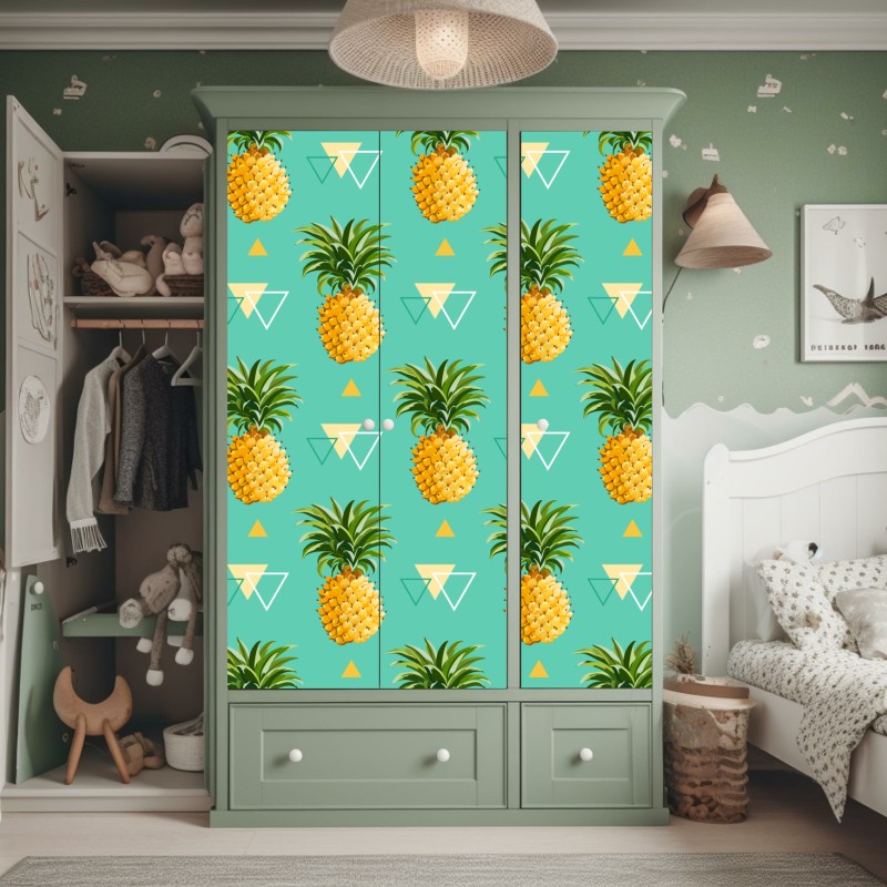Naklejka na szafę tropikalny wzór z ananasami na turkusowym tle – Wallissimo® Naklejka na szafę tropikalny wzór z ananasami na turkusowym tle – Wallissimo®