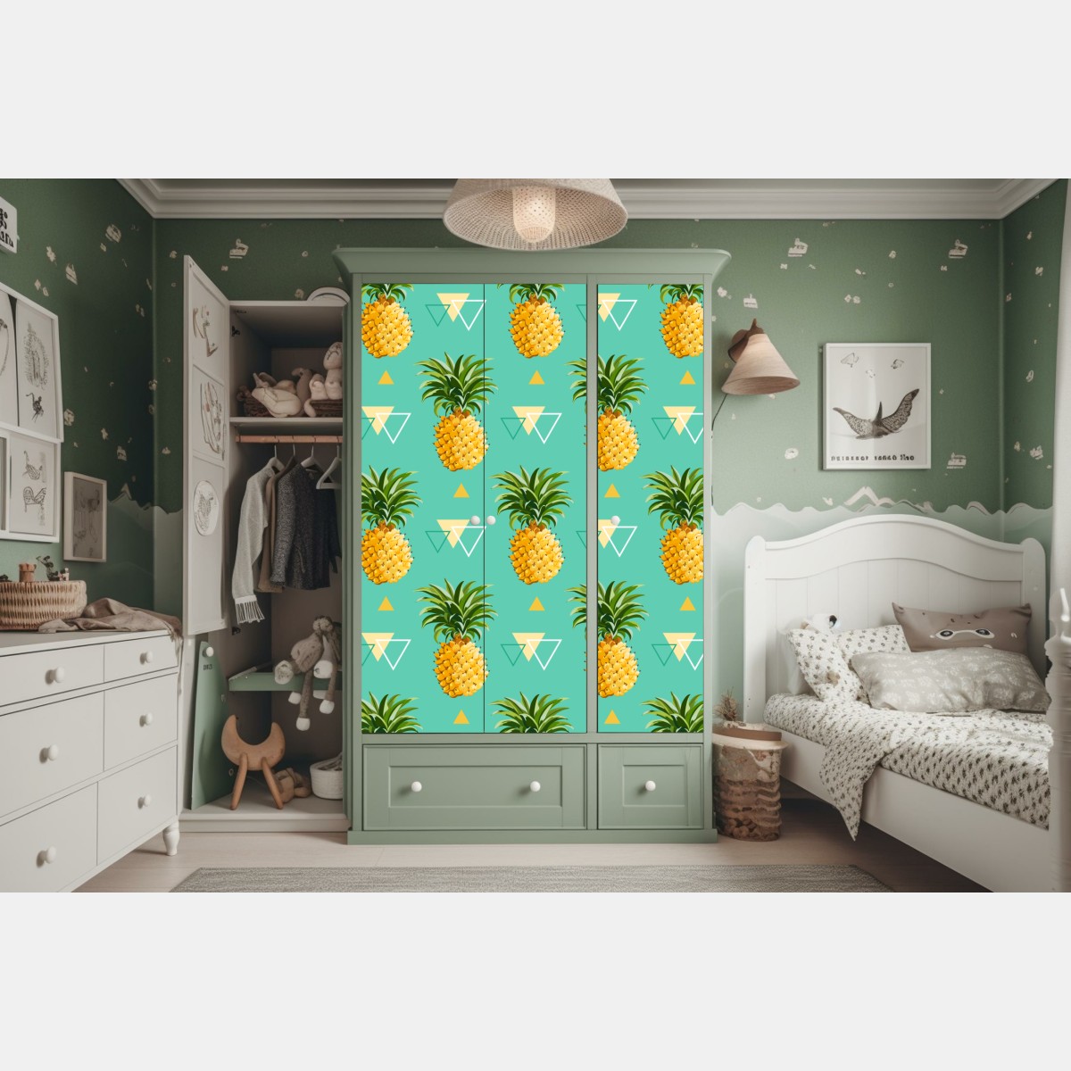 Naklejka na szafę tropikalny wzór z ananasami na turkusowym tle – Wallissimo® Naklejka na szafę tropikalny wzór z ananasami na turkusowym tle – Wallissimo®