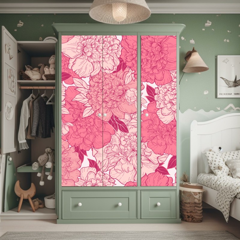 Naklejka na szafę różowy wzór z piwoniami – Wallissimo® Naklejka na szafę różowy wzór z piwoniami – Wallissimo®