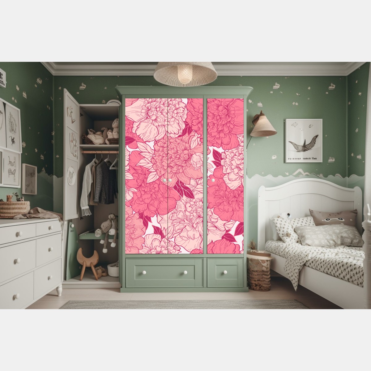 Naklejka na szafę różowy wzór z piwoniami – Wallissimo® Naklejka na szafę różowy wzór z piwoniami – Wallissimo®