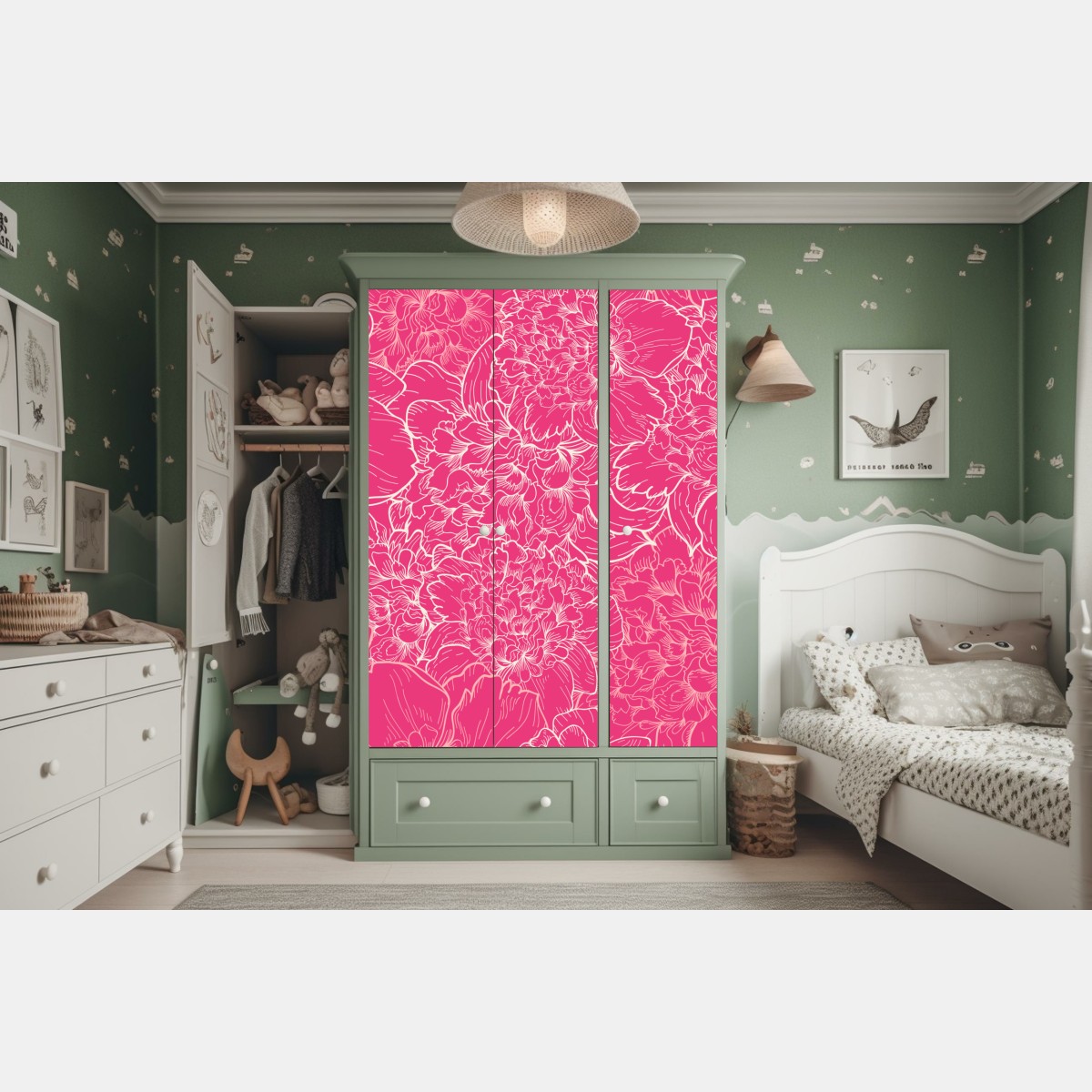 Naklejka na szafę intensywny różowy wzór z peoniami – Wallissimo® Naklejka na szafę intensywny różowy wzór z peoniami – Wallissimo®