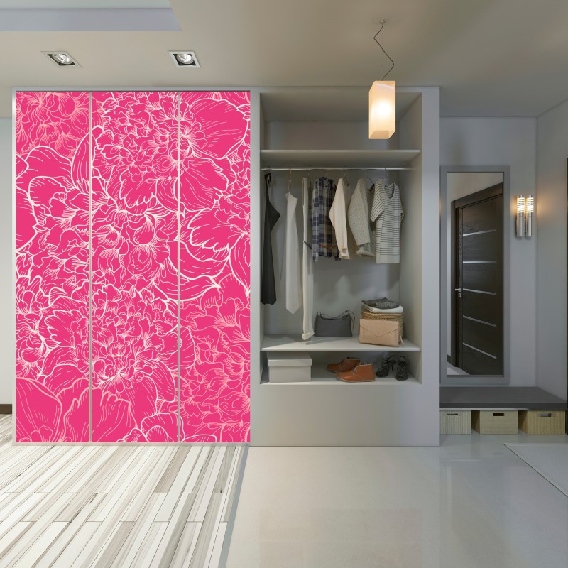 Naklejka na szafę intensywny różowy wzór z peoniami – Wallissimo® Naklejka na szafę intensywny różowy wzór z peoniami – Wallissimo®
