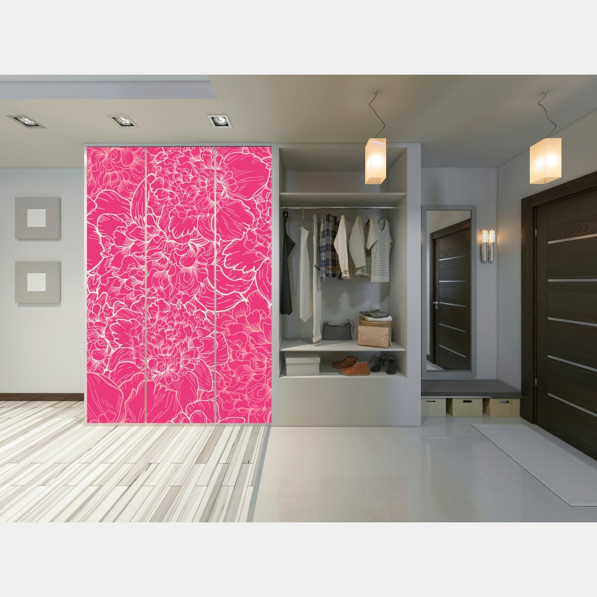 Naklejka na szafę intensywny różowy wzór z peoniami – Wallissimo® Naklejka na szafę intensywny różowy wzór z peoniami – Wallissimo®