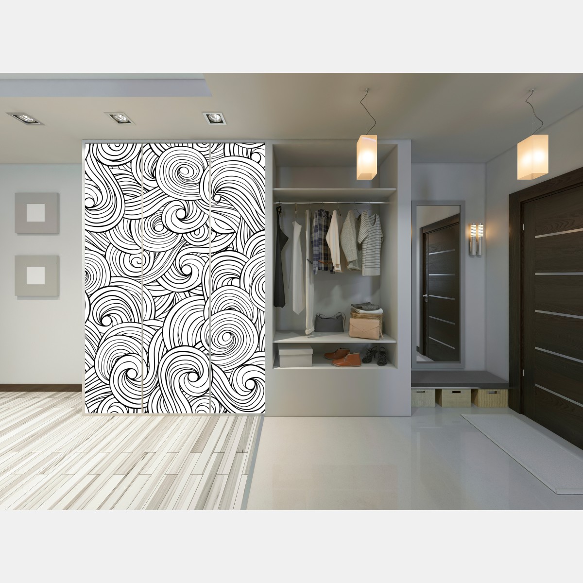 Naklejka na szafę czarno-biały wzór ze spiralami – Wallissimo® Naklejka na szafę czarno-biały wzór ze spiralami – Wallissimo®