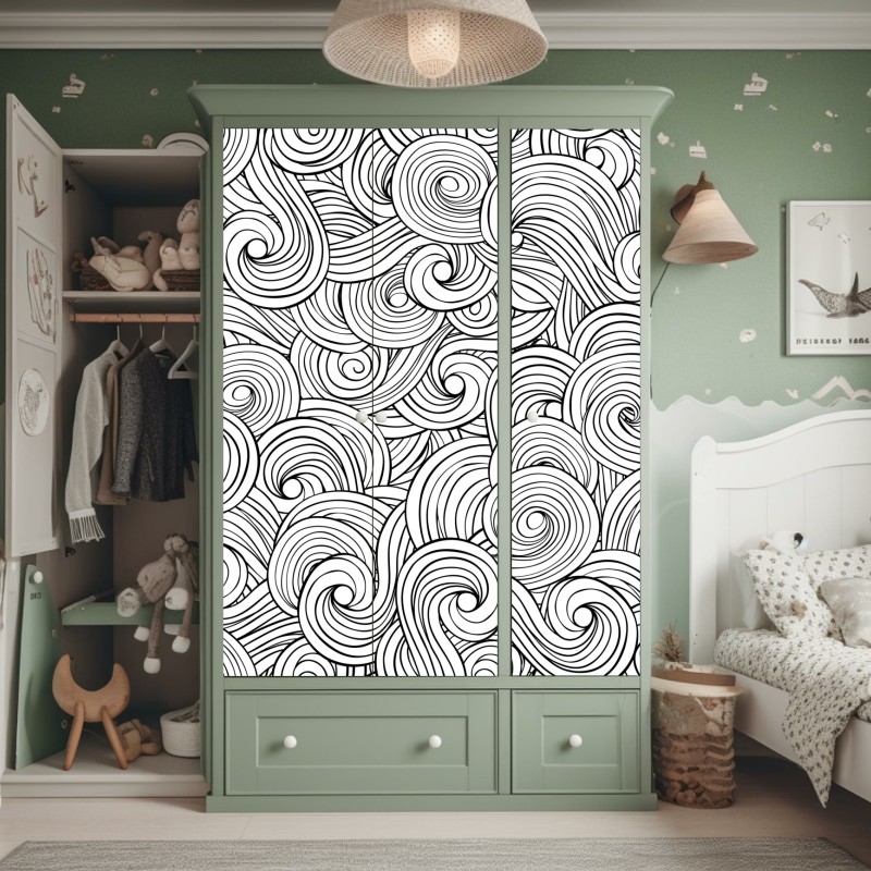 Naklejka na szafę czarno-biały wzór ze spiralami – Wallissimo® Naklejka na szafę czarno-biały wzór ze spiralami – Wallissimo®