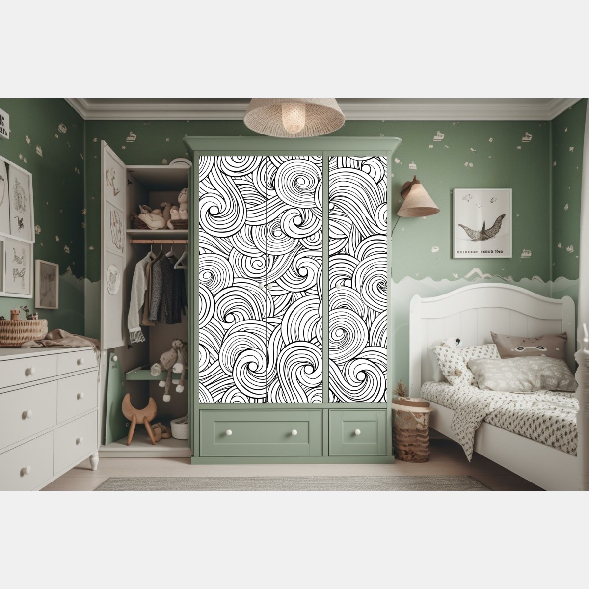 Naklejka na szafę czarno-biały wzór ze spiralami – Wallissimo® Naklejka na szafę czarno-biały wzór ze spiralami – Wallissimo®