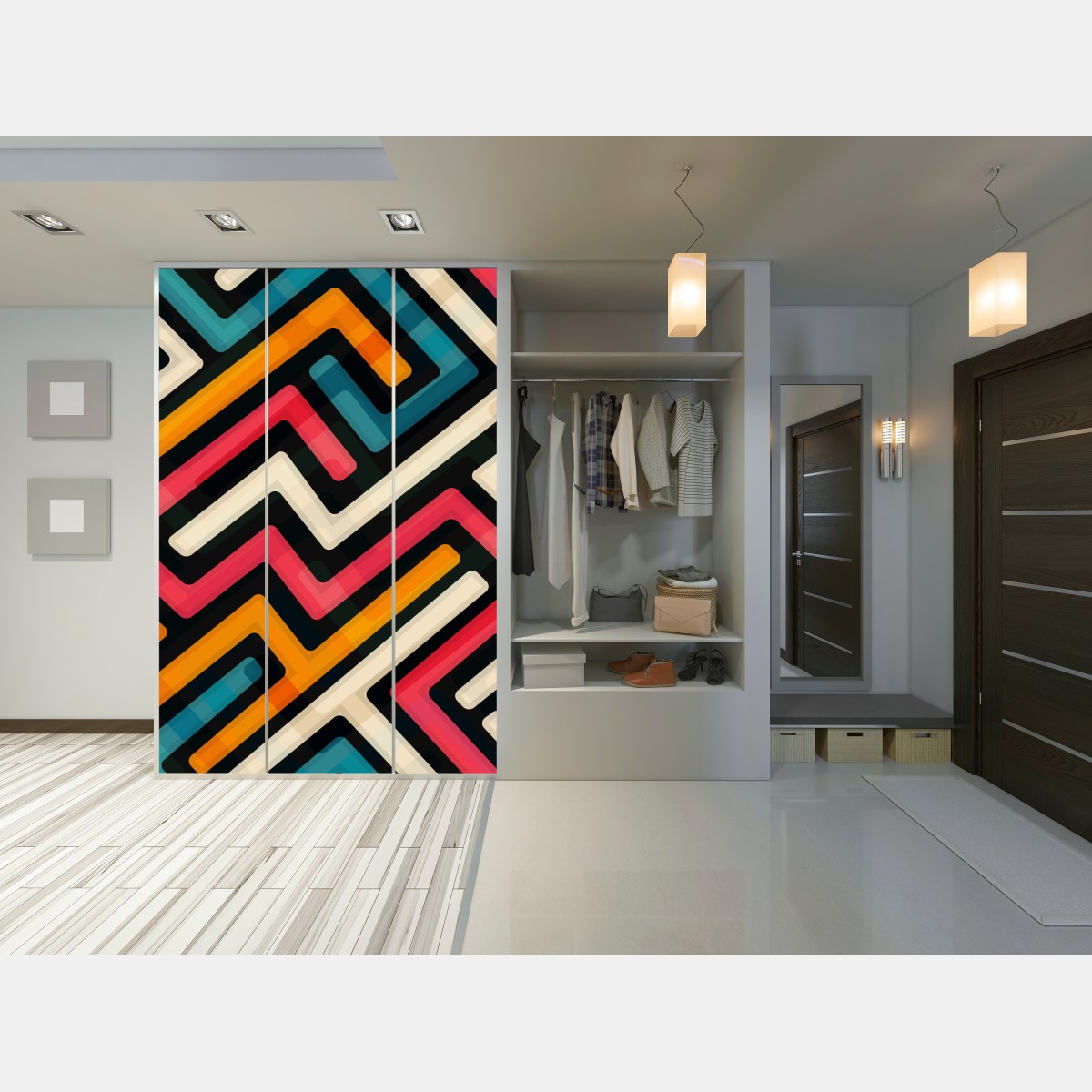 Naklejka na szafę kolorowy geometryczny wzór labiryntu – Wallissimo® Naklejka na szafę kolorowy geometryczny wzór labiryntu – Wallissimo®