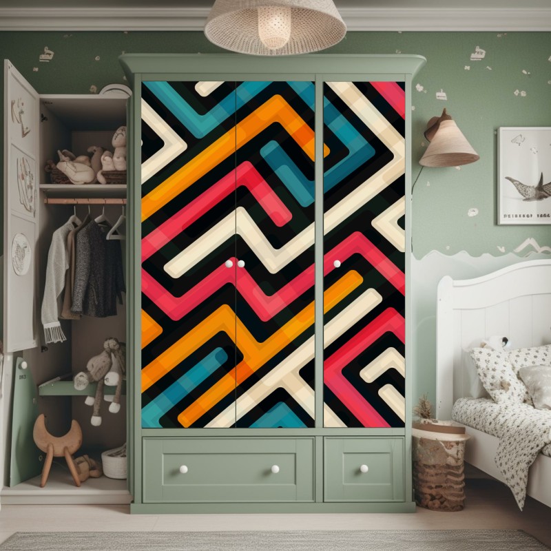 Naklejka na szafę kolorowy geometryczny wzór labiryntu – Wallissimo® Naklejka na szafę kolorowy geometryczny wzór labiryntu – Wallissimo®