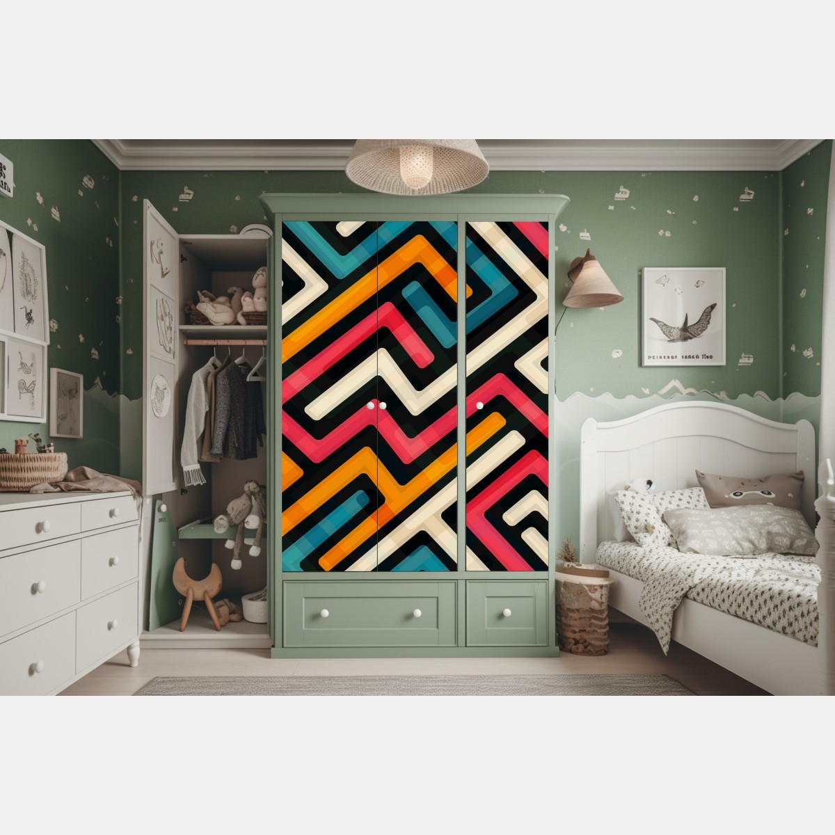 Naklejka na szafę kolorowy geometryczny wzór labiryntu – Wallissimo® Naklejka na szafę kolorowy geometryczny wzór labiryntu – Wallissimo®