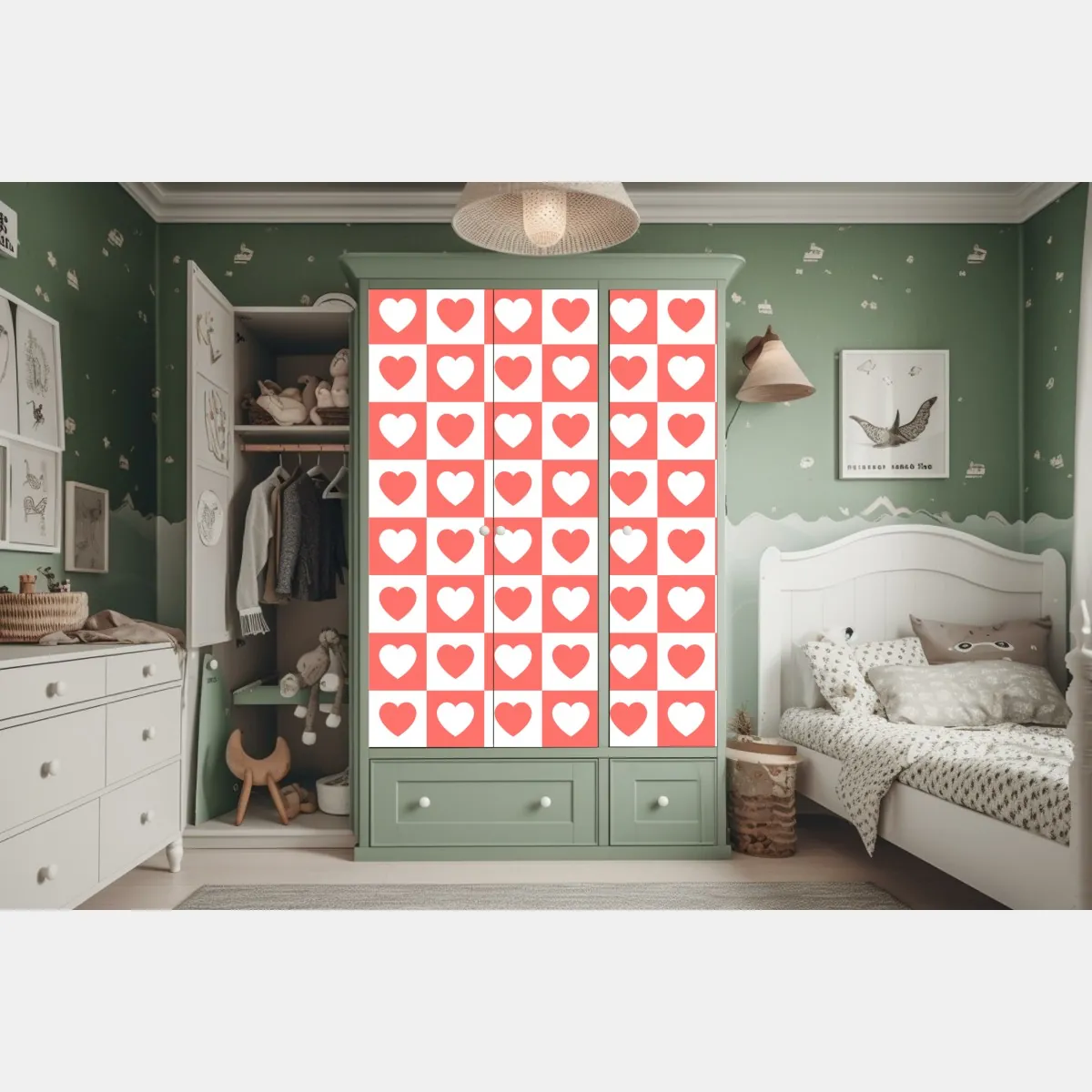 Naklejka na szafę różowy wzór serc w szachownicy – Wallissimo® Naklejka na szafę różowy wzór serc w szachownicy – Wallissimo®