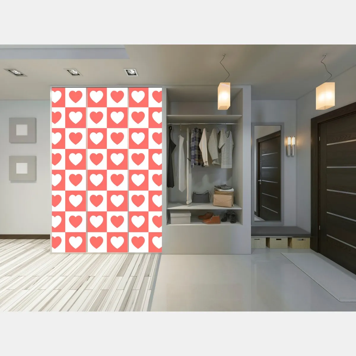 Naklejka na szafę różowy wzór serc w szachownicy – Wallissimo® Naklejka na szafę różowy wzór serc w szachownicy – Wallissimo®