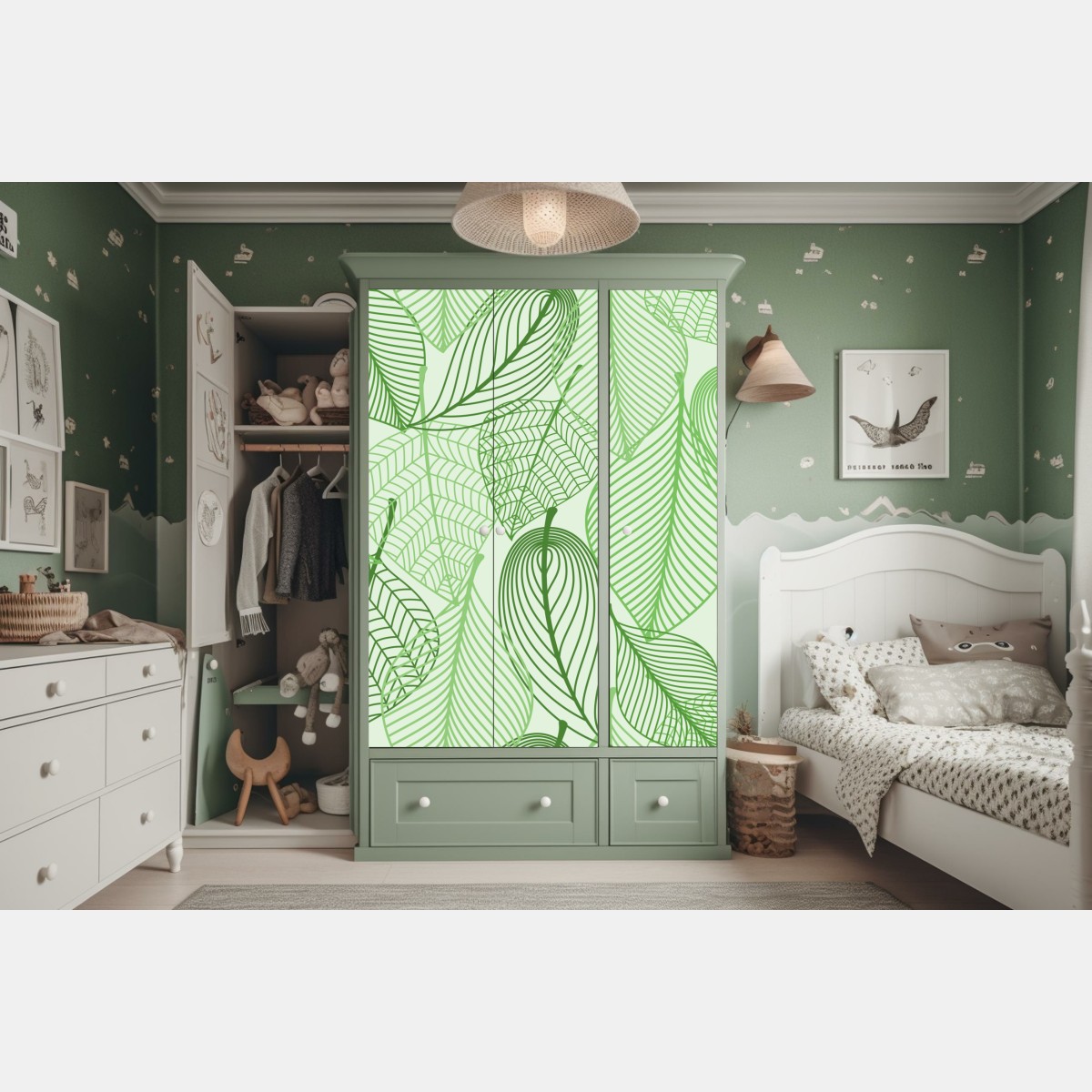 Naklejka na szafę zielony botaniczny wzór liści – Wallissimo® Naklejka na szafę zielony botaniczny wzór liści – Wallissimo®
