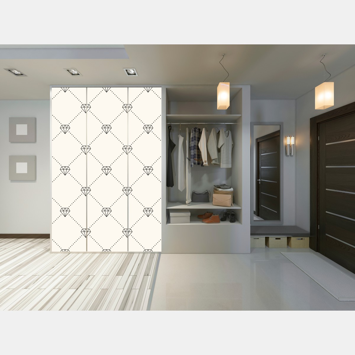 Naklejka na szafę wzór kratki z diamentami na beżowym tle – Wallissimo® Naklejka na szafę wzór kratki z diamentami na beżowym tle – Wallissimo®