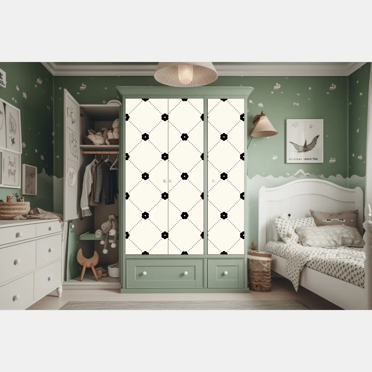 Naklejka na szafę minimalistyczny czarny wzór kwiatowej kratki – Wallissimo® Naklejka na szafę minimalistyczny czarny wzór kwiatowej kratki – Wallissimo®