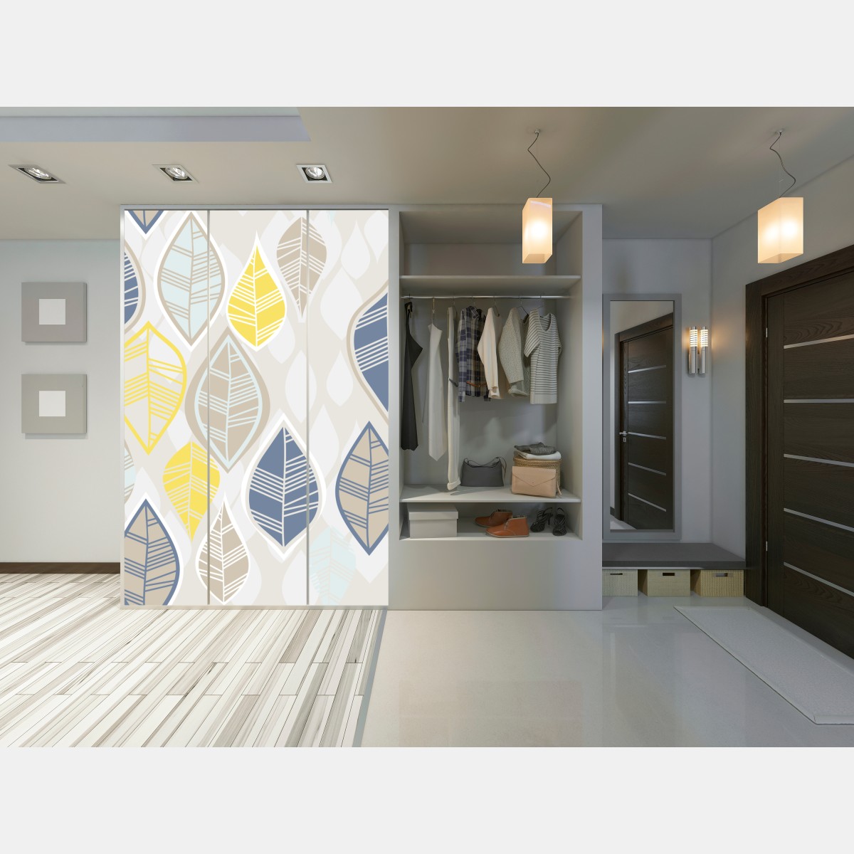 Naklejka na szafę skandynawski wzór liści w stonowanych kolorach – Wallissimo® Naklejka na szafę skandynawski wzór liści w stonowanych kolorach – Wallissimo®