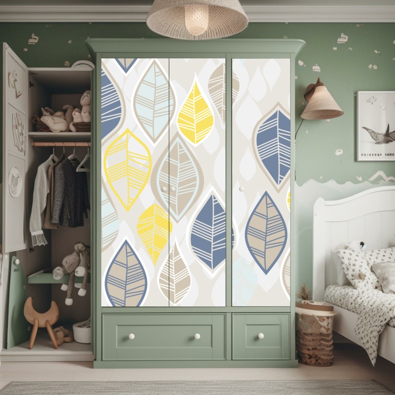 Naklejka na szafę skandynawski wzór liści w stonowanych kolorach – Wallissimo® Naklejka na szafę skandynawski wzór liści w stonowanych kolorach – Wallissimo®