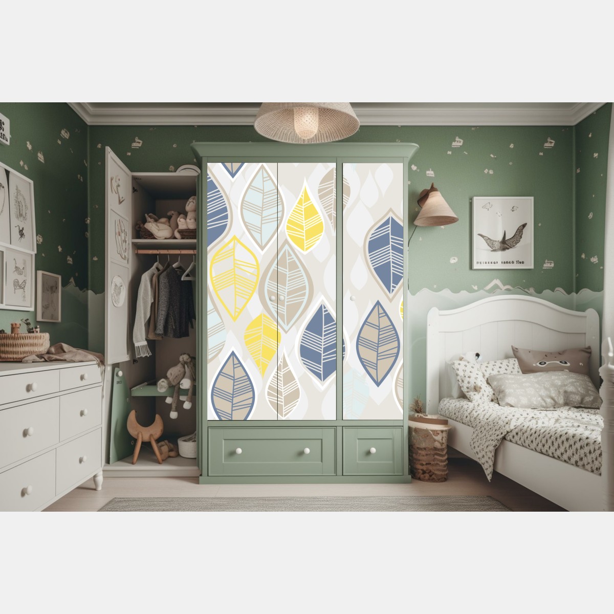 Naklejka na szafę skandynawski wzór liści w stonowanych kolorach – Wallissimo® Naklejka na szafę skandynawski wzór liści w stonowanych kolorach – Wallissimo®