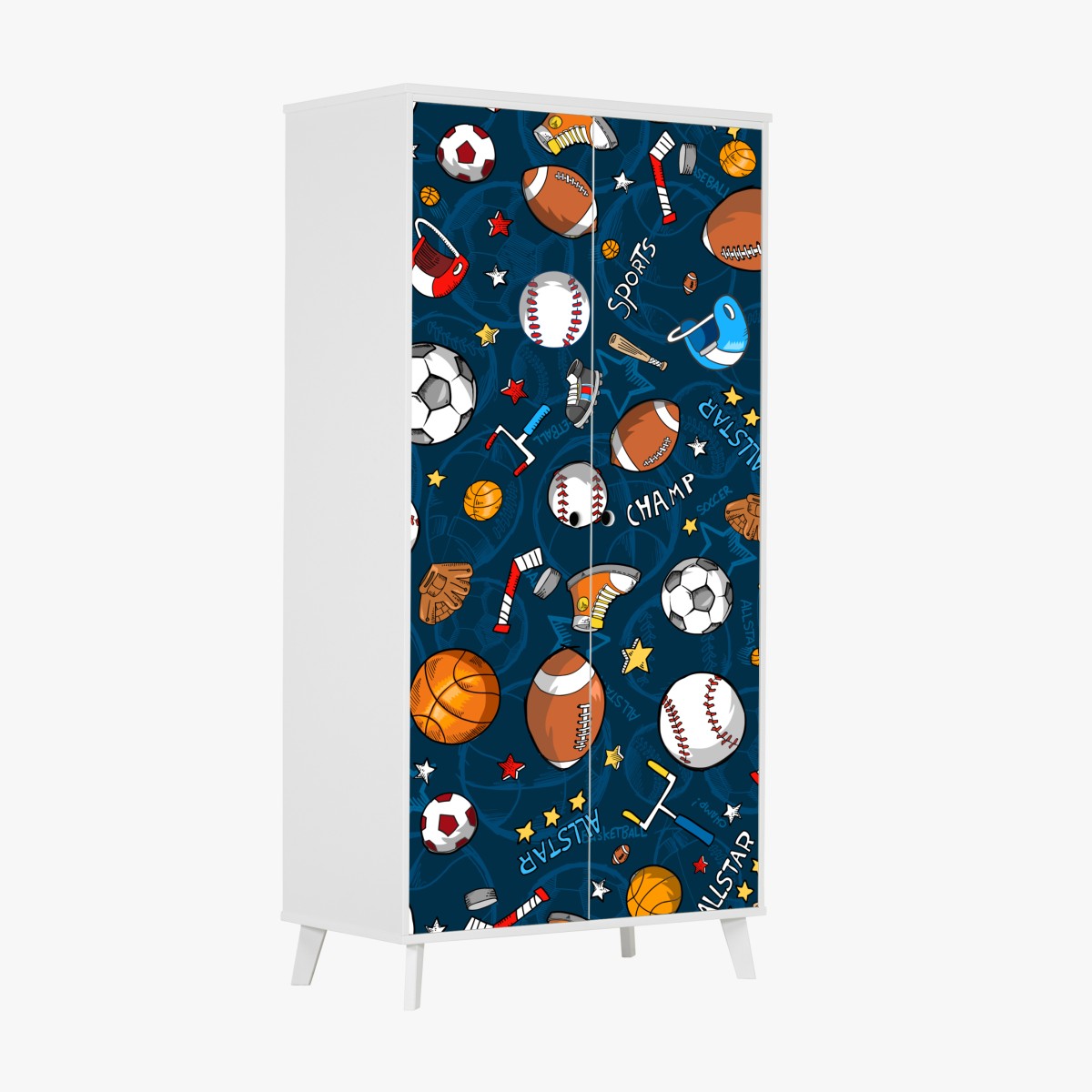 Wardrobe sticker playful sports pattern on navy background
