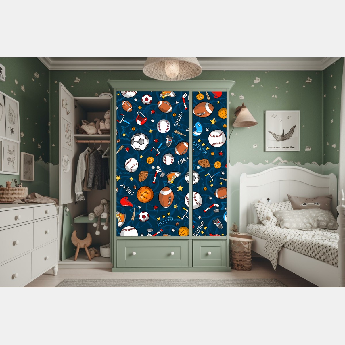 Naklejka na szafę zabawny wzór sportowy na granatowym tle – Wallissimo® Naklejka na szafę zabawny wzór sportowy na granatowym tle – Wallissimo®