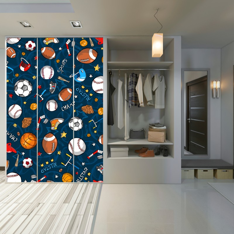 Naklejka na szafę zabawny wzór sportowy na granatowym tle – Wallissimo® Naklejka na szafę zabawny wzór sportowy na granatowym tle – Wallissimo®