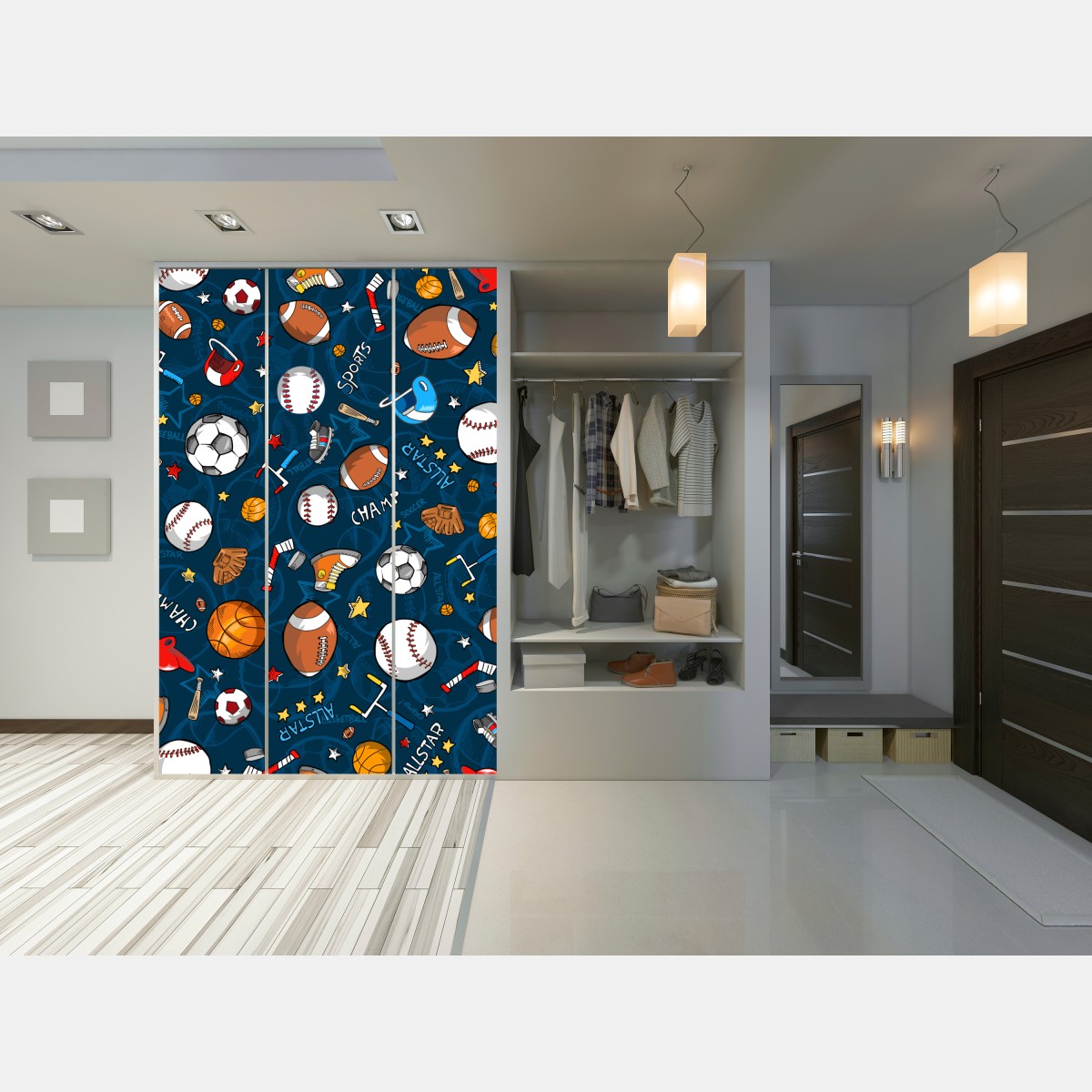 Naklejka na szafę zabawny wzór sportowy na granatowym tle – Wallissimo® Naklejka na szafę zabawny wzór sportowy na granatowym tle – Wallissimo®