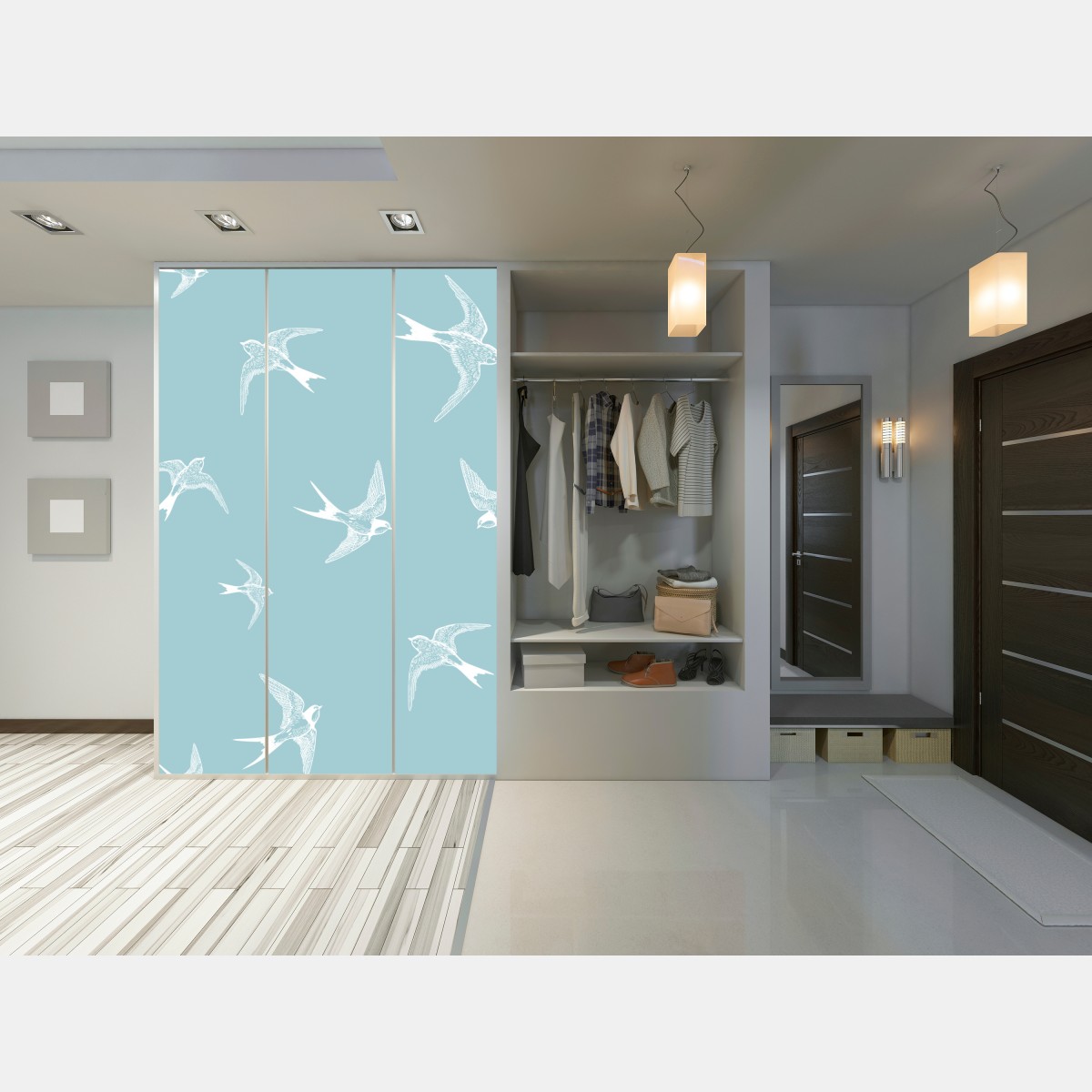 Naklejka na szafę pastelowy wzór z jaskółkami – Wallissimo® Naklejka na szafę pastelowy wzór z jaskółkami – Wallissimo®