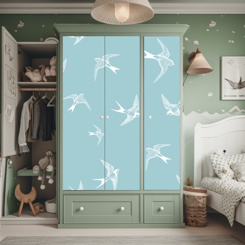 Naklejka na szafę pastelowy wzór z jaskółkami – Wallissimo® Naklejka na szafę pastelowy wzór z jaskółkami – Wallissimo®