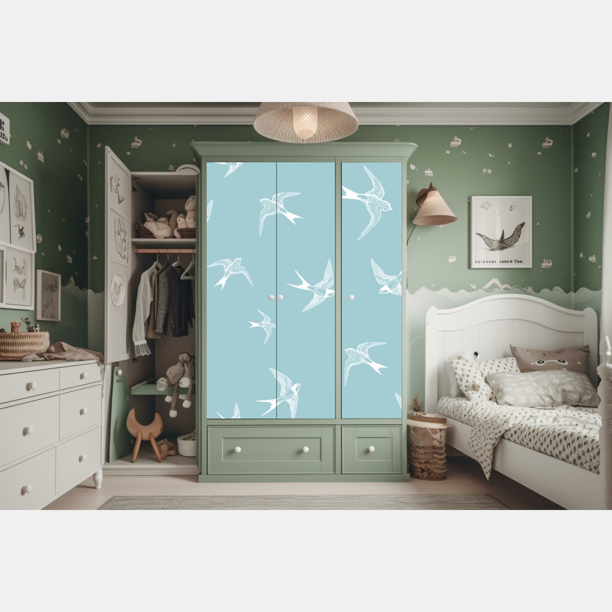 Naklejka na szafę pastelowy wzór z jaskółkami – Wallissimo® Naklejka na szafę pastelowy wzór z jaskółkami – Wallissimo®