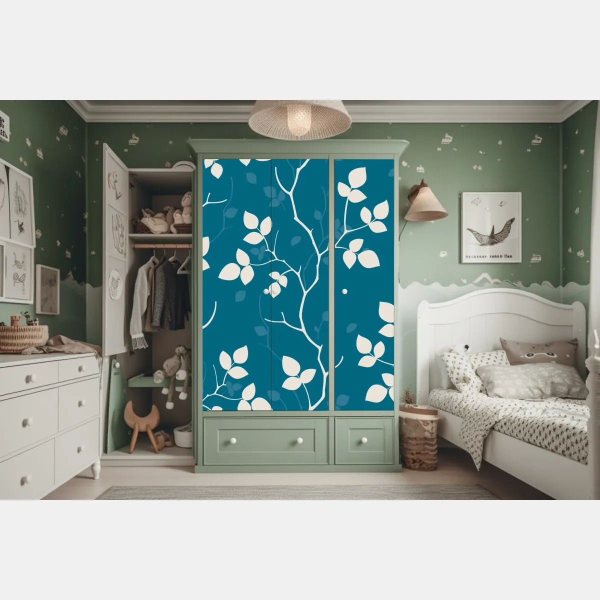 Naklejka na szafę turkusowy botaniczny wzór liści – Wallissimo® Naklejka na szafę turkusowy botaniczny wzór liści – Wallissimo®