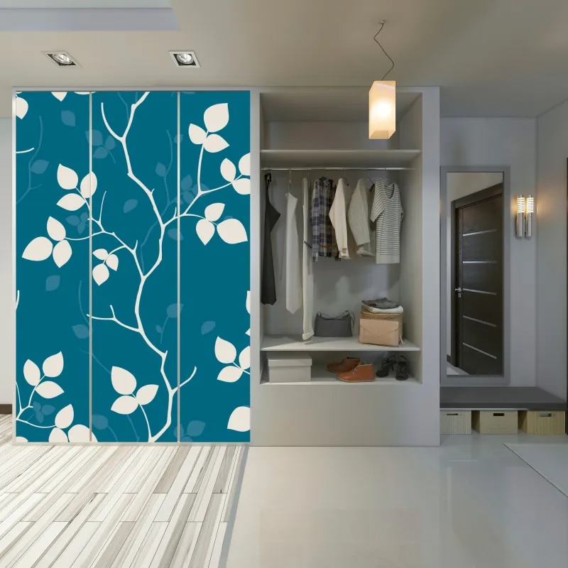 Naklejka na szafę turkusowy botaniczny wzór liści – Wallissimo® Naklejka na szafę turkusowy botaniczny wzór liści – Wallissimo®