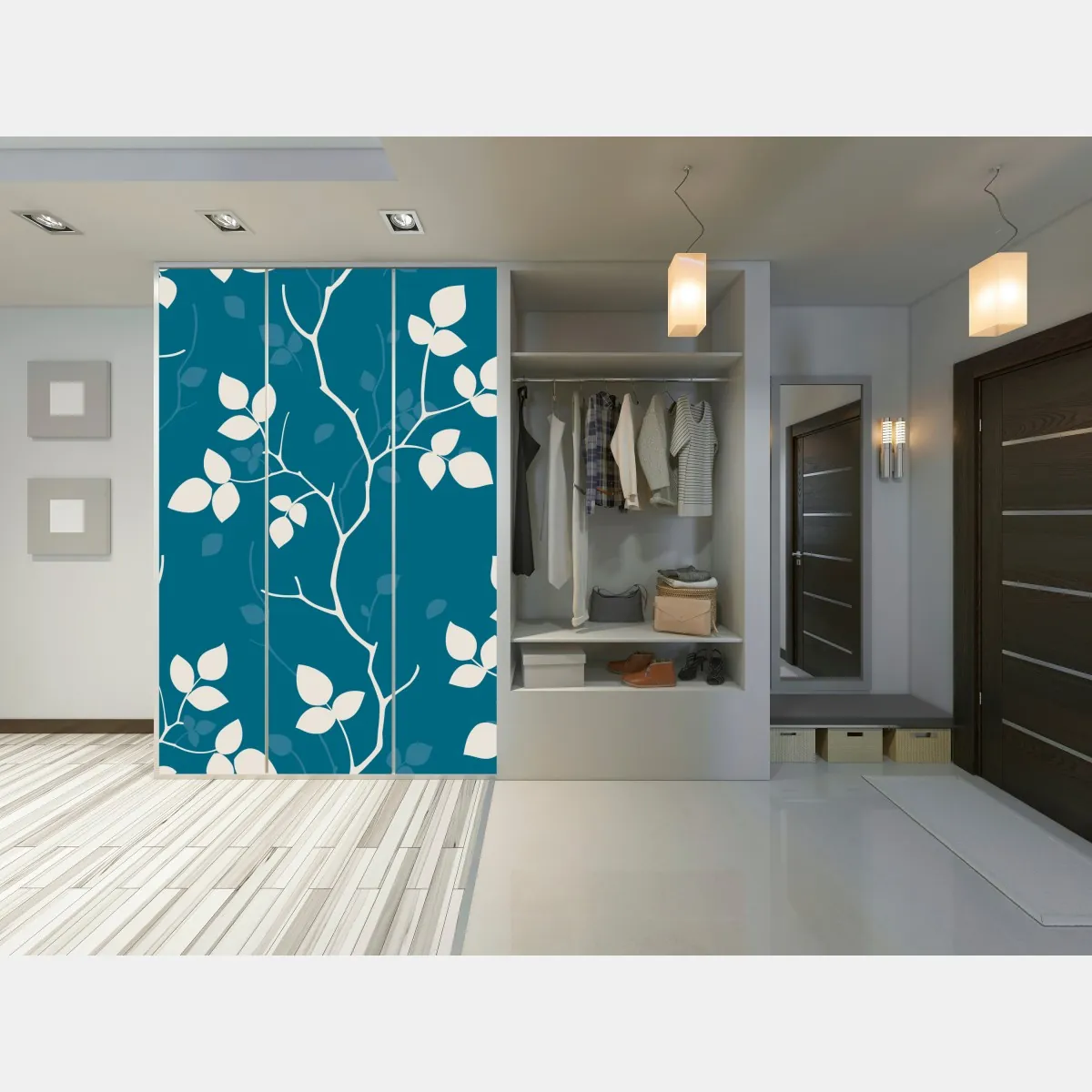 Naklejka na szafę turkusowy botaniczny wzór liści – Wallissimo® Naklejka na szafę turkusowy botaniczny wzór liści – Wallissimo®