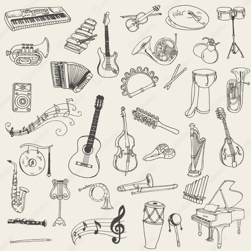 Naklejka na szafę ręcznie rysowane instrumenty muzyczne kolaż – Wallissimo® Naklejka na szafę ręcznie rysowane instrumenty muzyczne kolaż – Wallissimo®