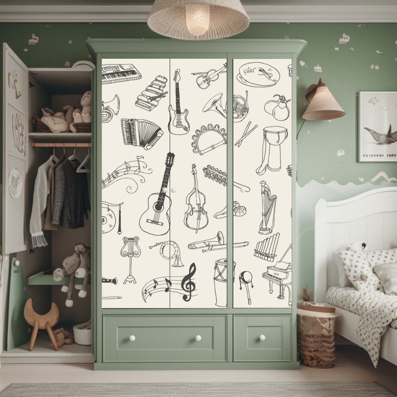 Naklejka na szafę ręcznie rysowane instrumenty muzyczne kolaż – Wallissimo® Naklejka na szafę ręcznie rysowane instrumenty muzyczne kolaż – Wallissimo®