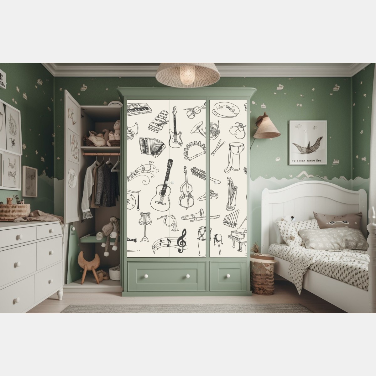 Naklejka na szafę ręcznie rysowane instrumenty muzyczne kolaż – Wallissimo® Naklejka na szafę ręcznie rysowane instrumenty muzyczne kolaż – Wallissimo®