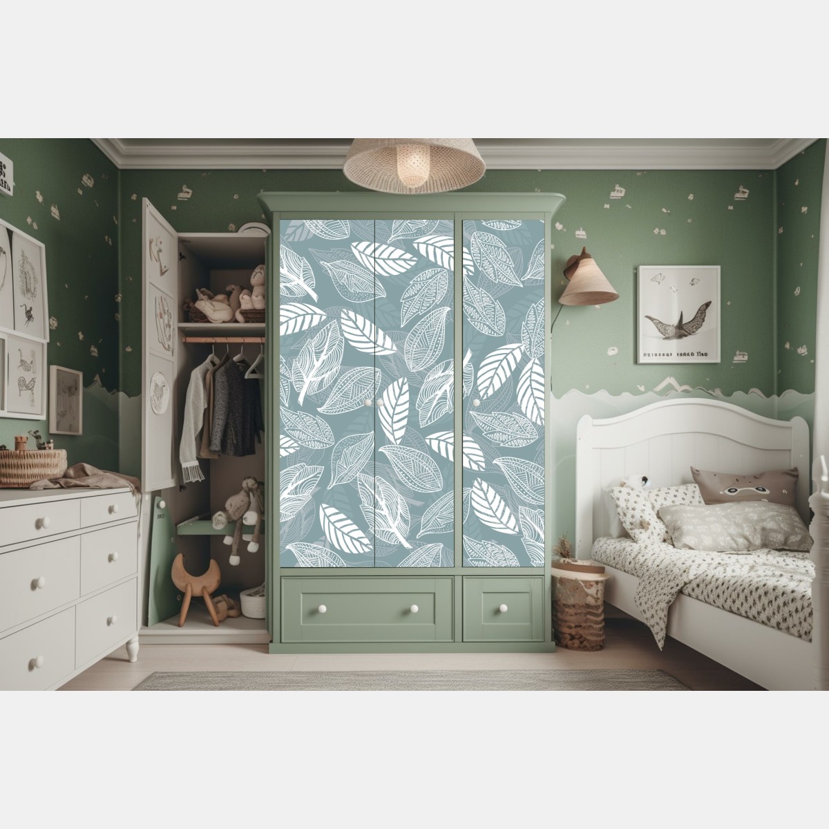 Naklejka na szafę ręcznie rysowany wzór liści na miętowym tle – Wallissimo® Naklejka na szafę ręcznie rysowany wzór liści na miętowym tle – Wallissimo®