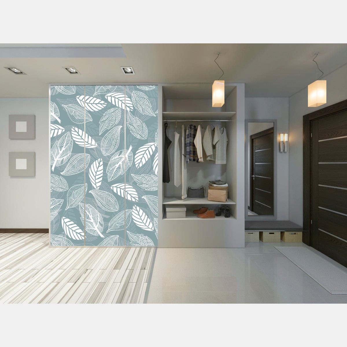 Naklejka na szafę ręcznie rysowany wzór liści na miętowym tle – Wallissimo® Naklejka na szafę ręcznie rysowany wzór liści na miętowym tle – Wallissimo®