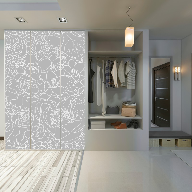 Naklejka na szafę subtelny szary wzór kwiatowy w konturze – Wallissimo® Naklejka na szafę subtelny szary wzór kwiatowy w konturze – Wallissimo®