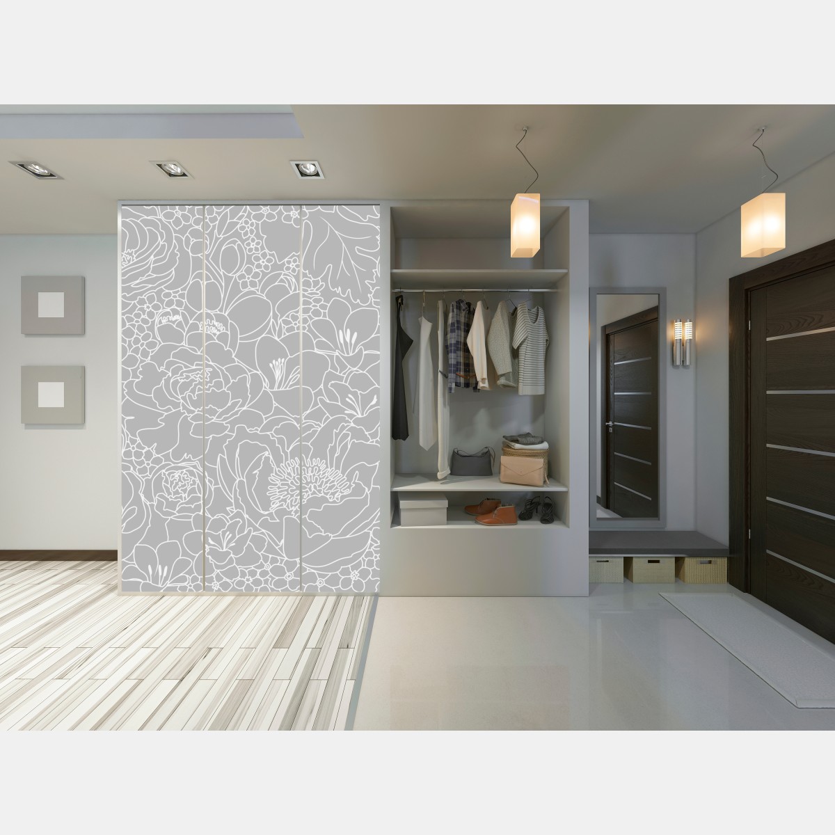 Naklejka na szafę subtelny szary wzór kwiatowy w konturze – Wallissimo® Naklejka na szafę subtelny szary wzór kwiatowy w konturze – Wallissimo®