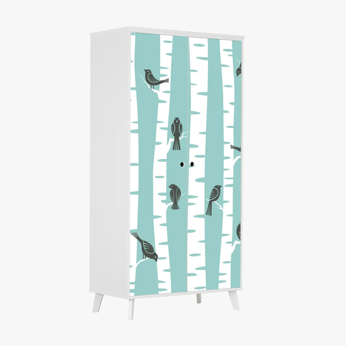 Naklejka na szafę turkusowy las brzóz z ptakami – Wallissimo® Naklejka na szafę turkusowy las brzóz z ptakami – Wallissimo®