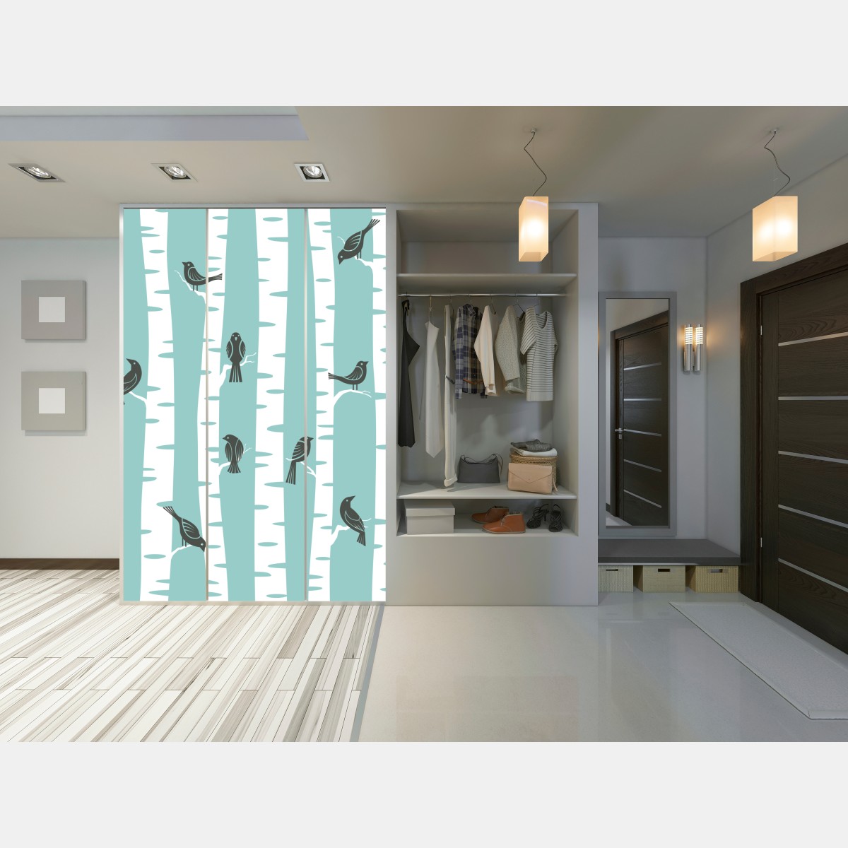 Naklejka na szafę turkusowy las brzóz z ptakami – Wallissimo® Naklejka na szafę turkusowy las brzóz z ptakami – Wallissimo®