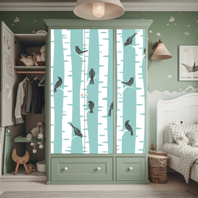 Naklejka na szafę turkusowy las brzóz z ptakami – Wallissimo® Naklejka na szafę turkusowy las brzóz z ptakami – Wallissimo®